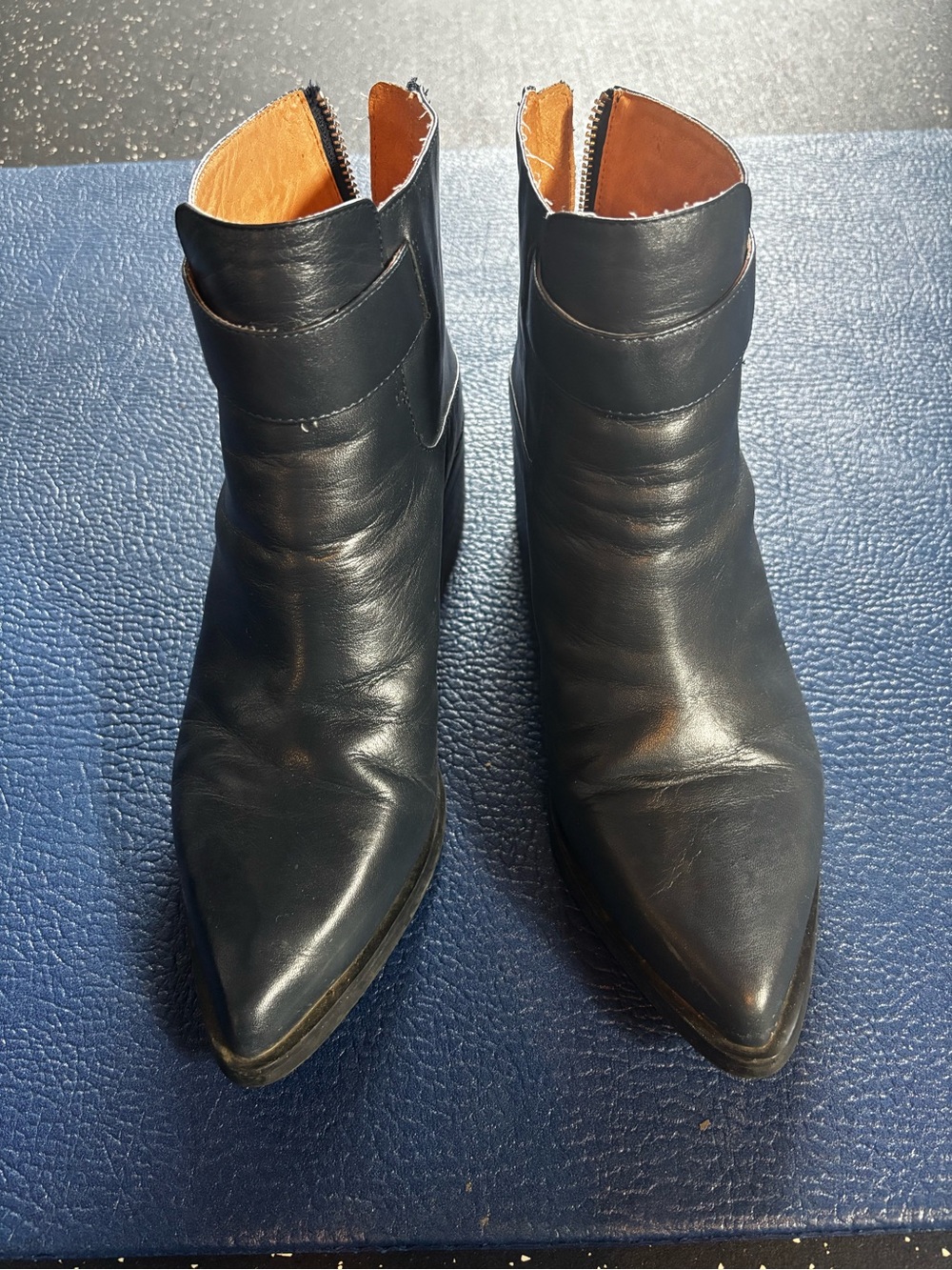 Women's Navy Pointed Toe Leather Ankle Boots